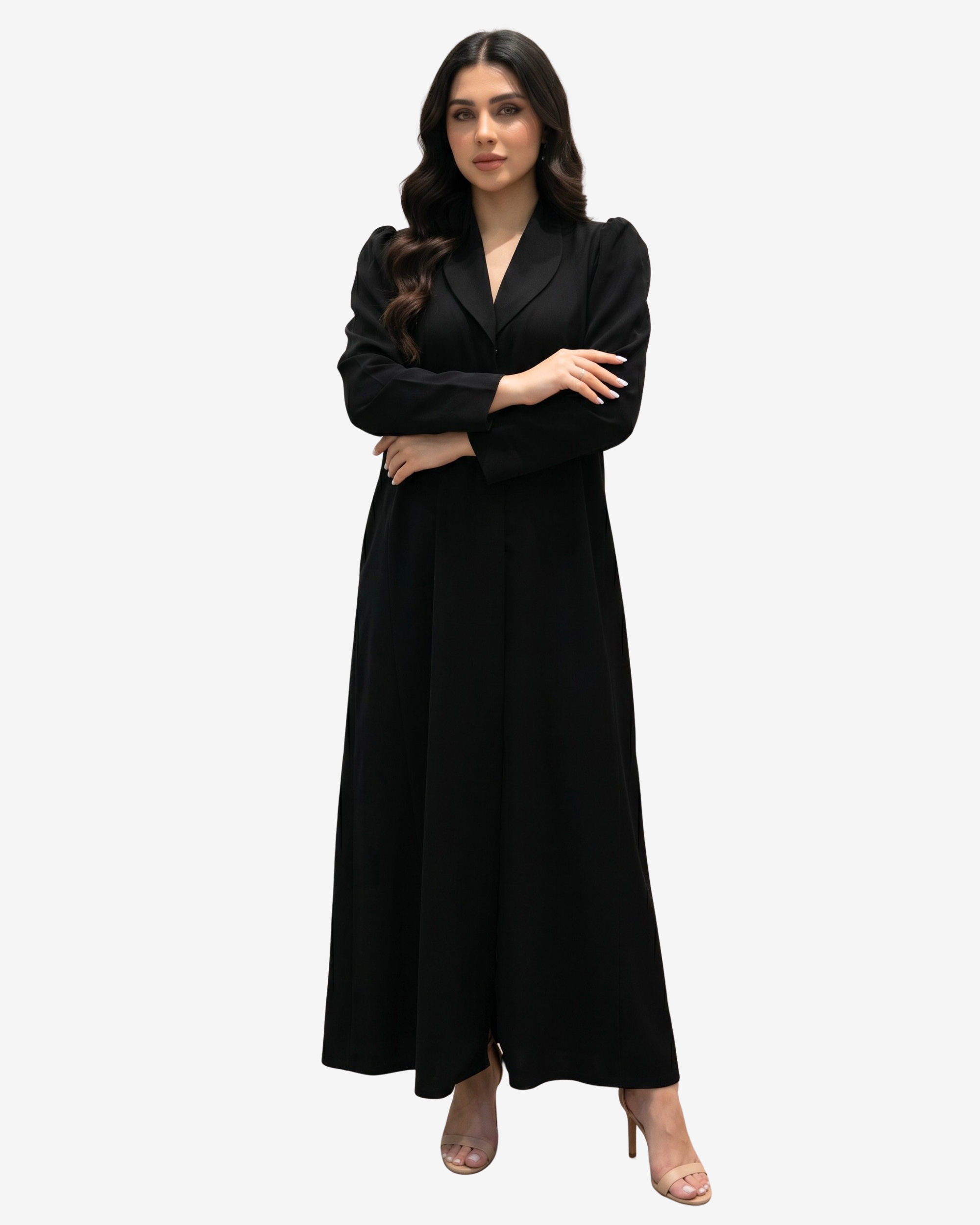 Premium black crepe abaya with tailored shawl collar by Gharza Couture, showcasing timeless modest fashion and elegant craftsmanship.