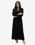 Premium black crepe abaya with tailored shawl collar by Gharza Couture, showcasing timeless modest fashion and elegant craftsmanship.