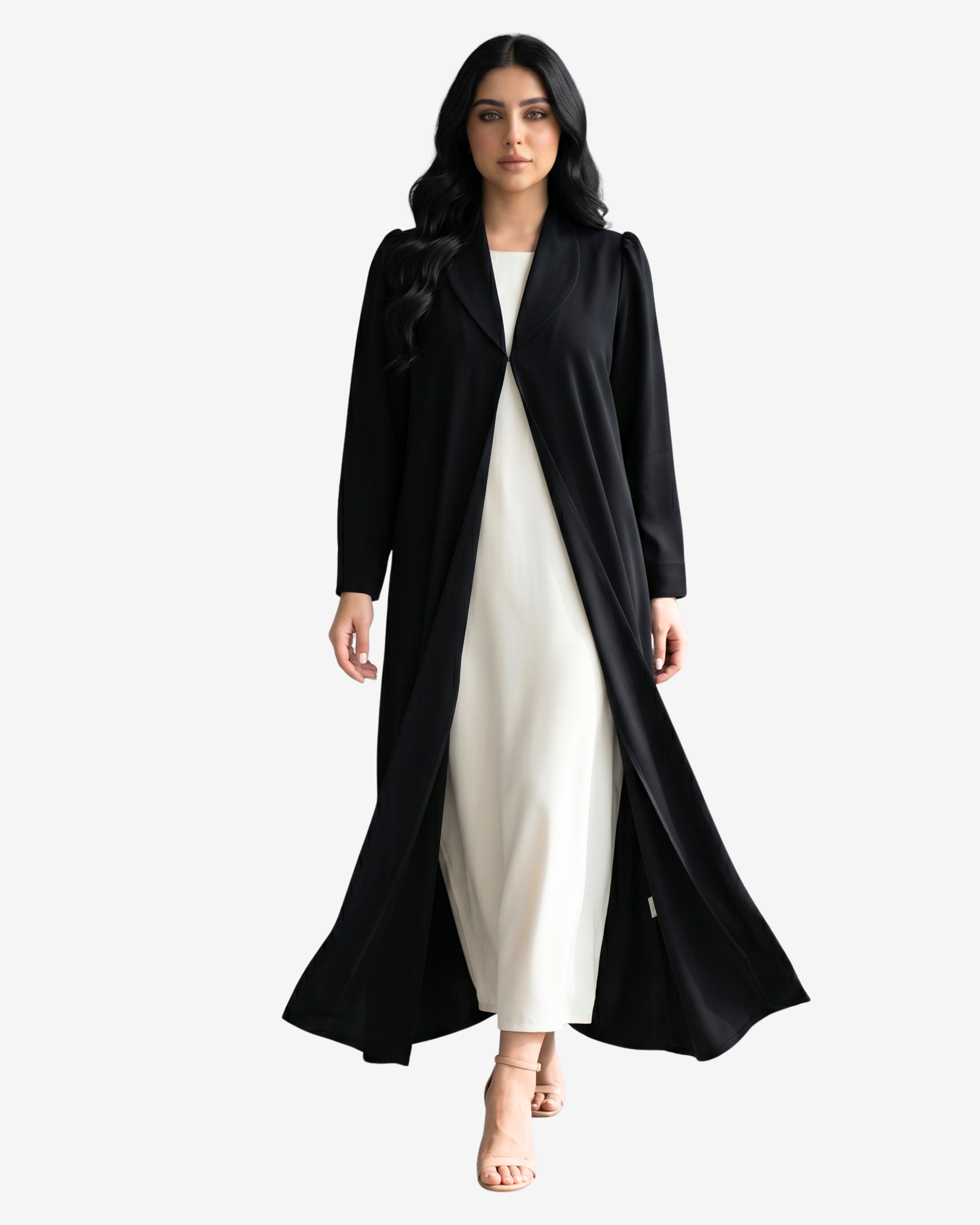 Elegant black crepe abaya by Gharza Couture with an open-front design, lightweight drape and sophisticated modest style.