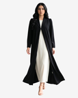 Elegant black crepe abaya by Gharza Couture with an open-front design, lightweight drape and sophisticated modest style.