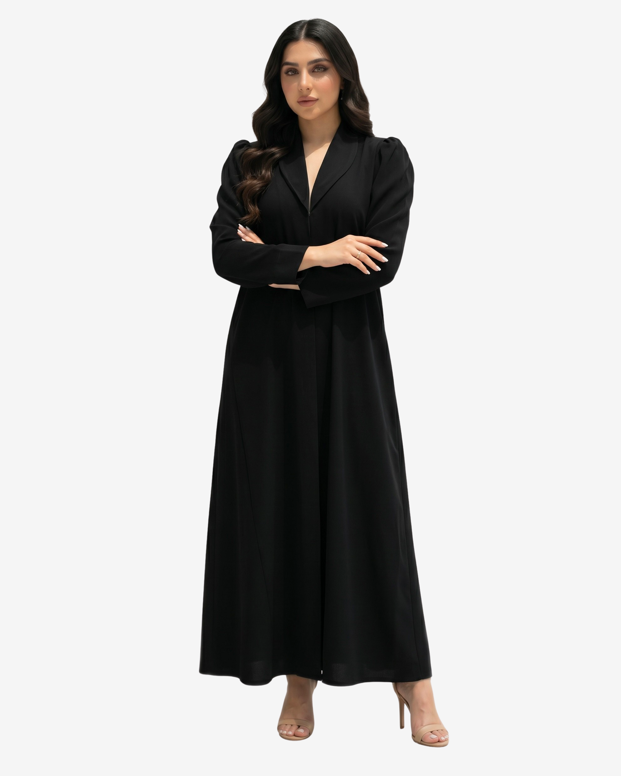 Close-up of the Noir Elegance Tailored Crepe Abaya featuring a structured shawl collar, premium crepe fabric and refined minimalist design.