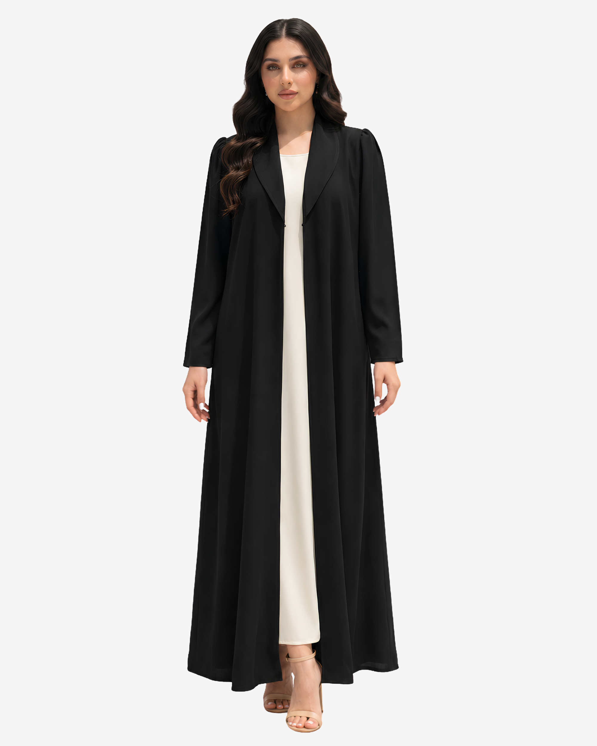 Luxury black open-front crepe abaya by Gharza Couture featuring a flowing silhouette and tailored shawl collar over a modest inner dress.