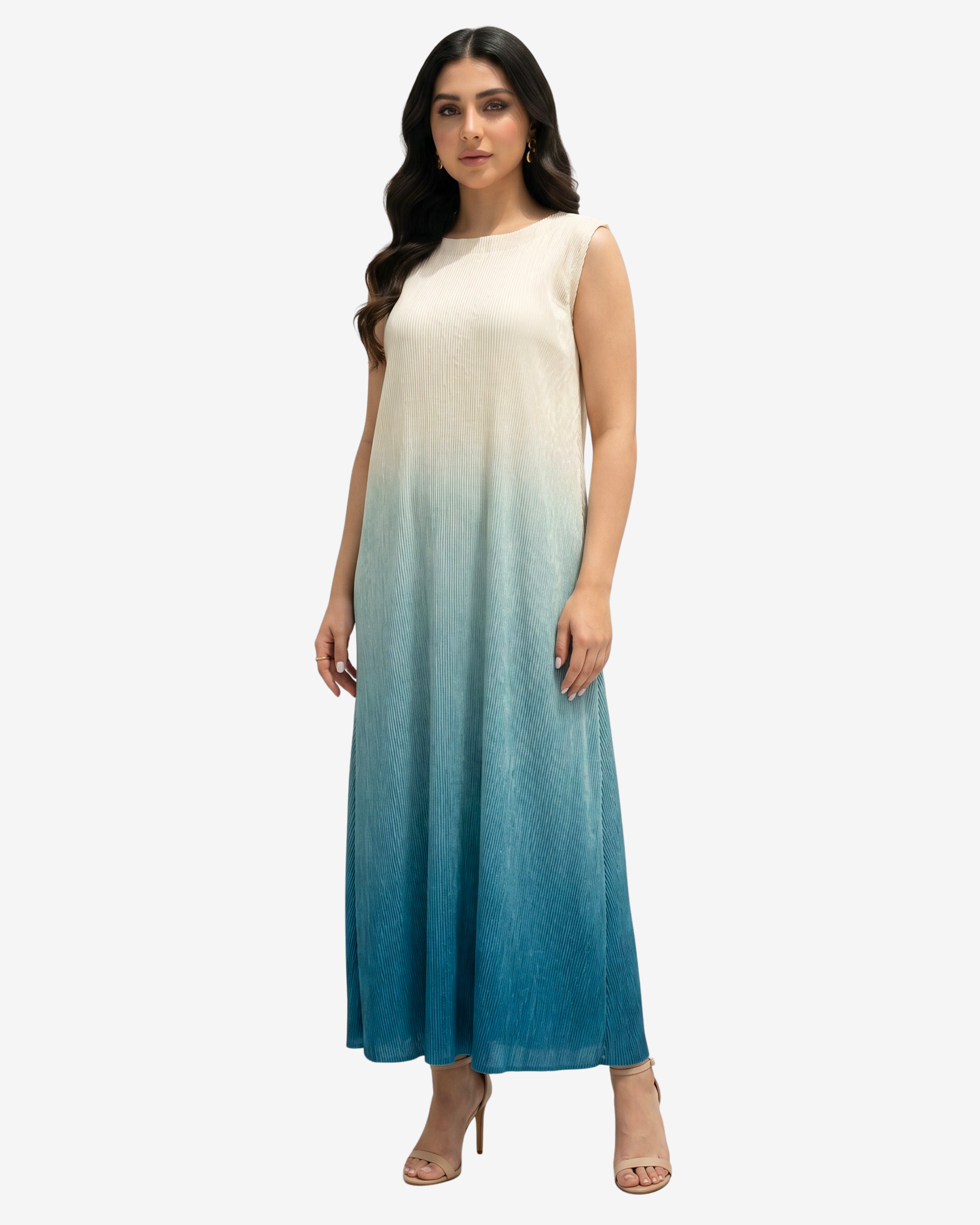 Walking view of the Ocean Breeze Velvet Satin Dress showcasing the elegant ombré gradient and fluid drape.