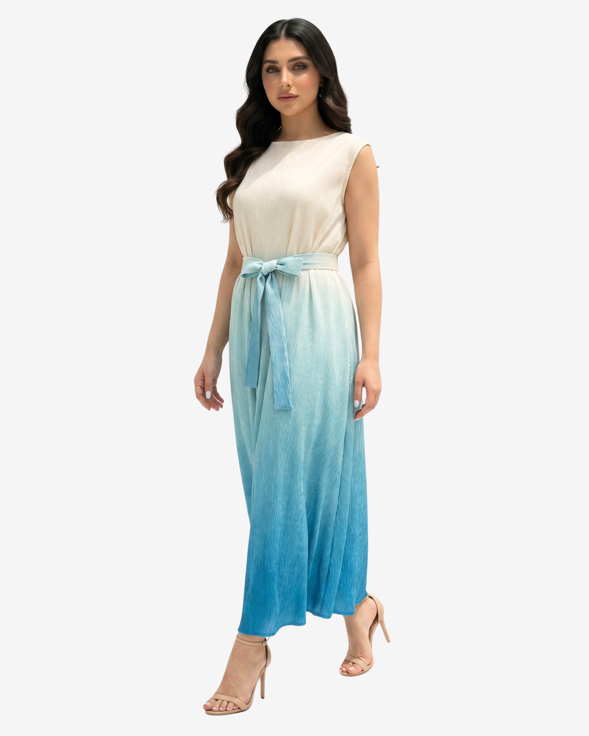 Ocean Breeze Belted Velvet Satin Dress with detachable waist tie and luxurious ombré finish by Gharza Couture.