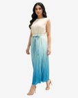 Ocean Breeze Belted Velvet Satin Dress with detachable waist tie and luxurious ombré finish by Gharza Couture.