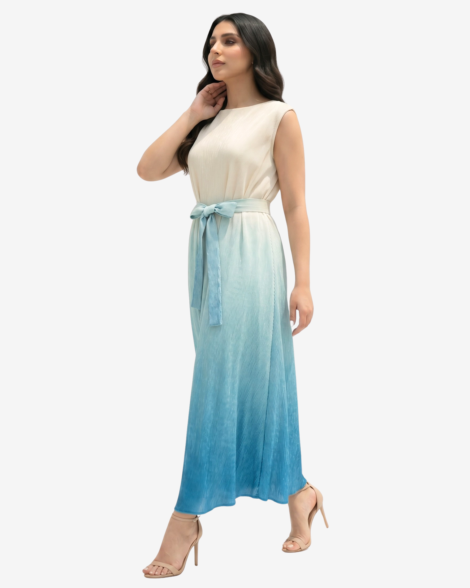 Side view of the Ocean Breeze Velvet Satin Dress highlighting the graceful full-length silhouette and soft sheen.