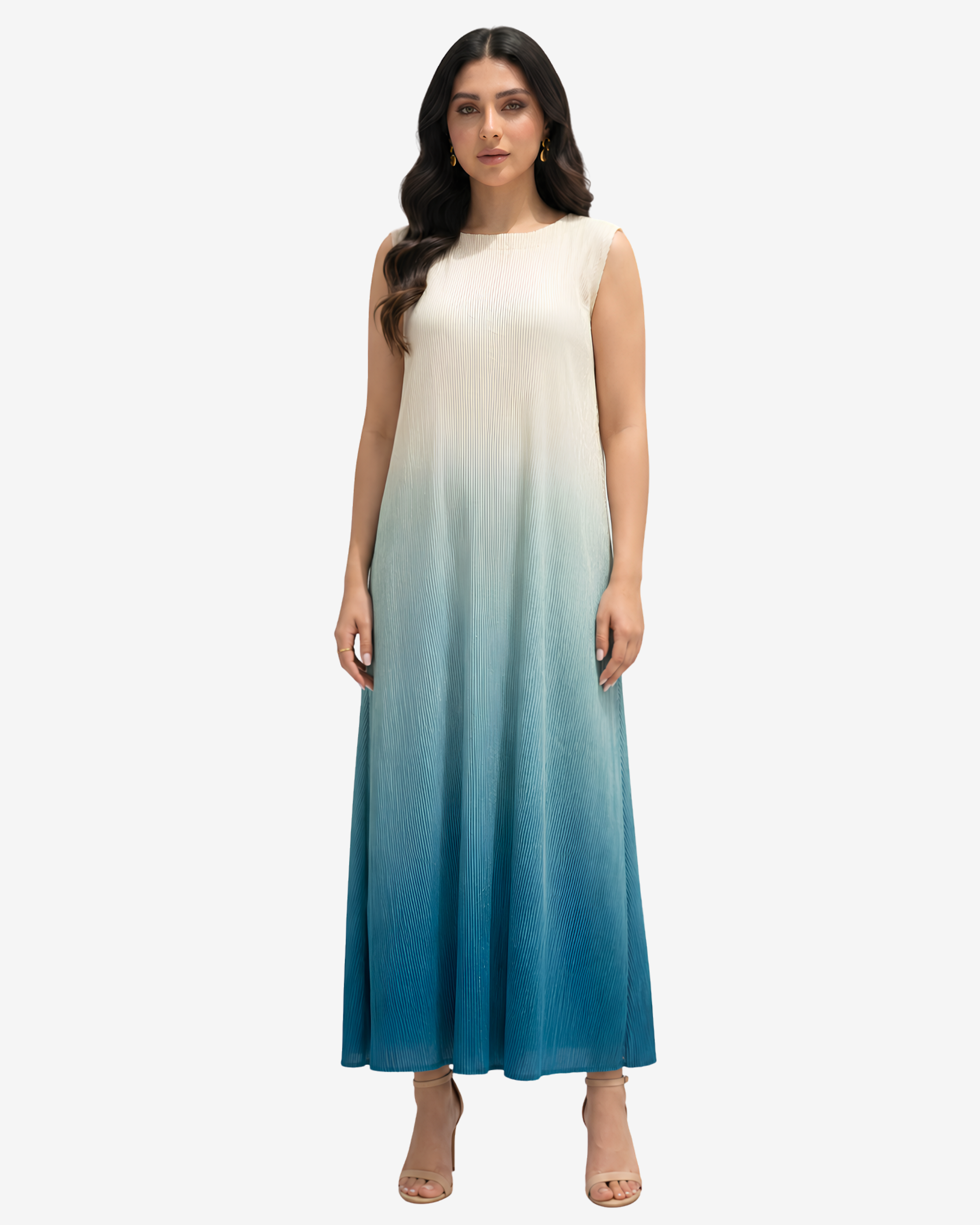Ocean Breeze Velvet Satin Dress by Gharza Couture featuring a sleeveless cream and blue ombré design with a flowing maxi silhouette.