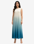 Ocean Breeze Velvet Satin Dress by Gharza Couture featuring a sleeveless cream and blue ombré design with a flowing maxi silhouette.