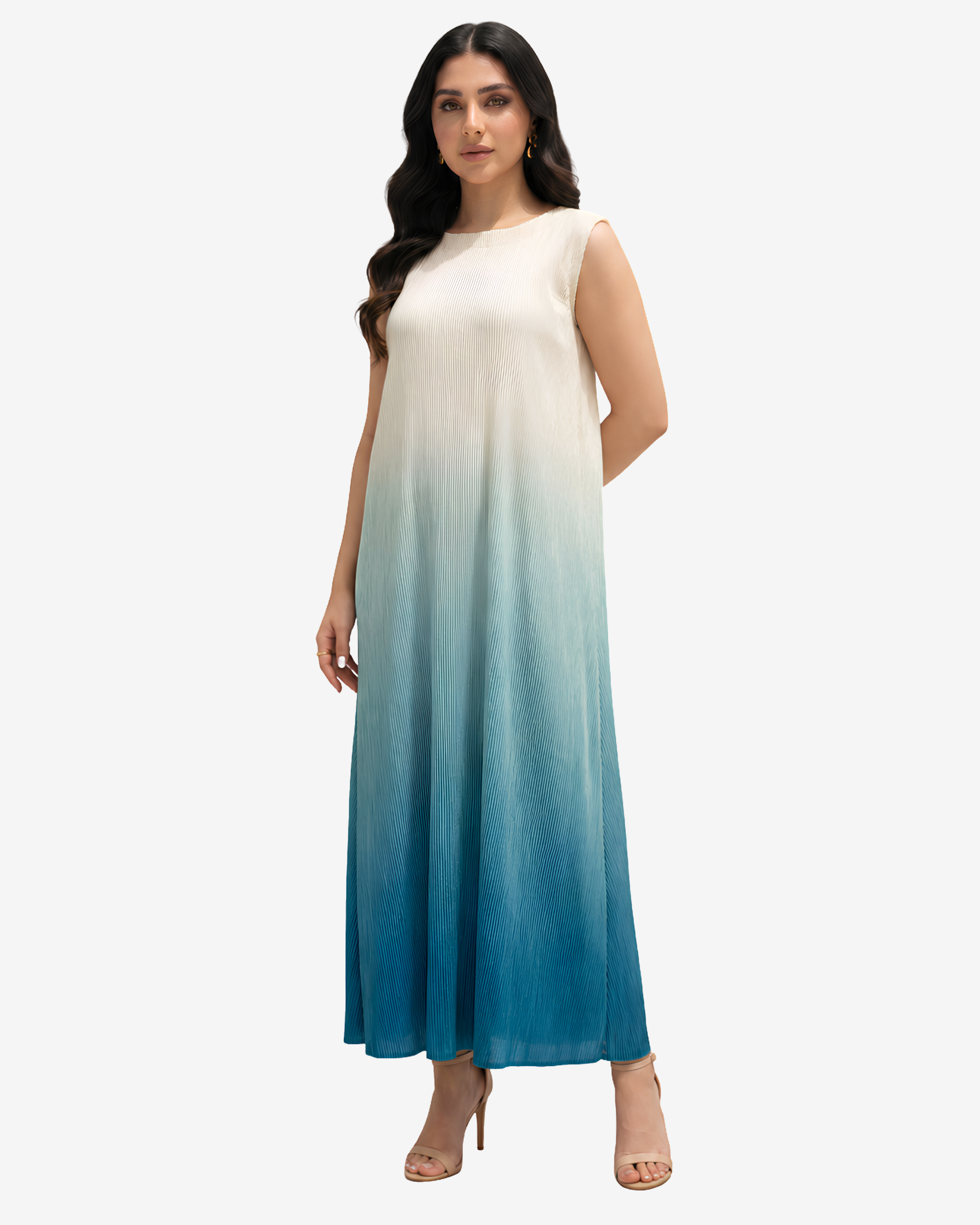 Front view of the Ocean Breeze Velvet Satin Dress in cream and ocean blue with a timeless sleeveless design.
