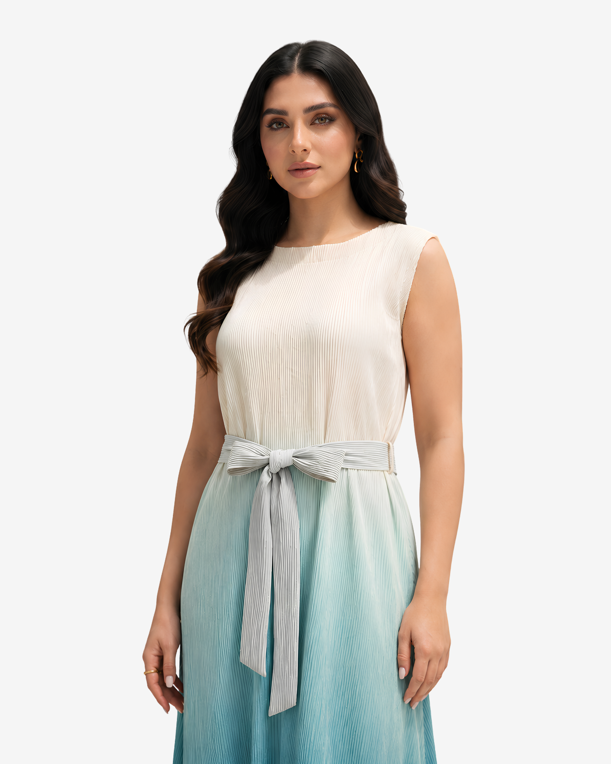Close-up of the Ocean Breeze Velvet Satin Dress featuring the elegant sleeveless neckline and premium velvet satin fabric.
