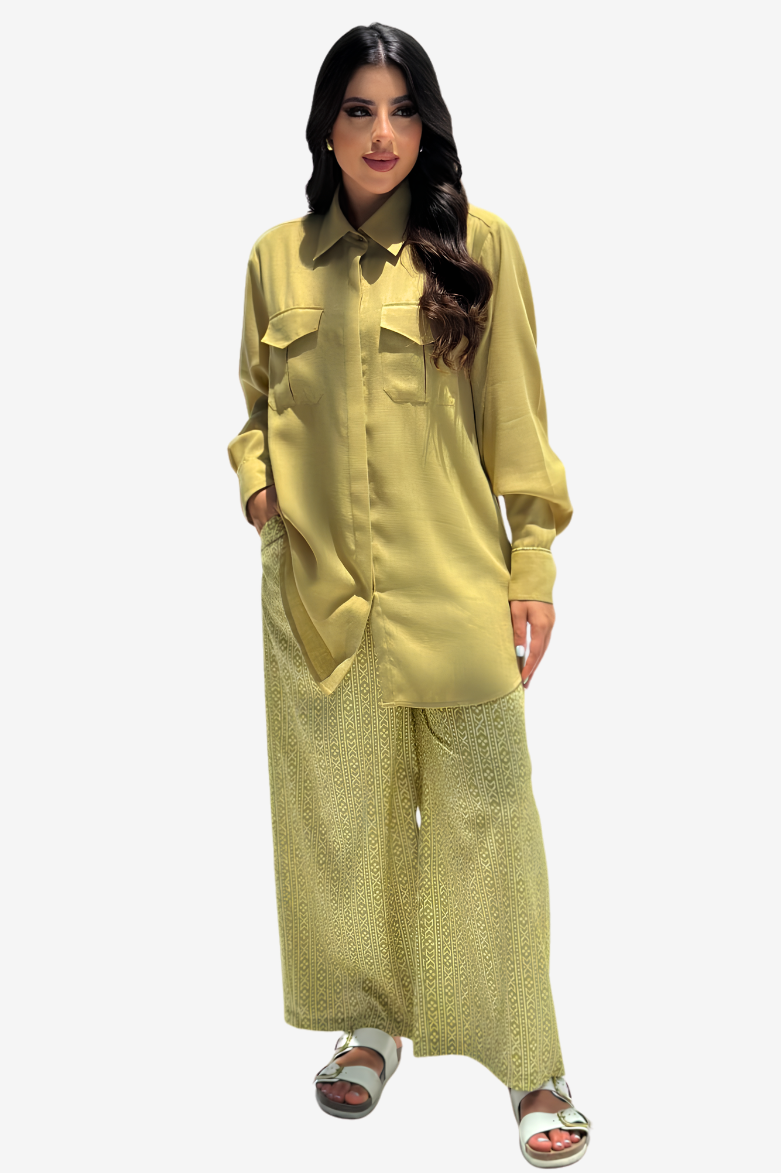 Zaytoun – Olivefarbenes zweiteiliges Set mit Olivenprint