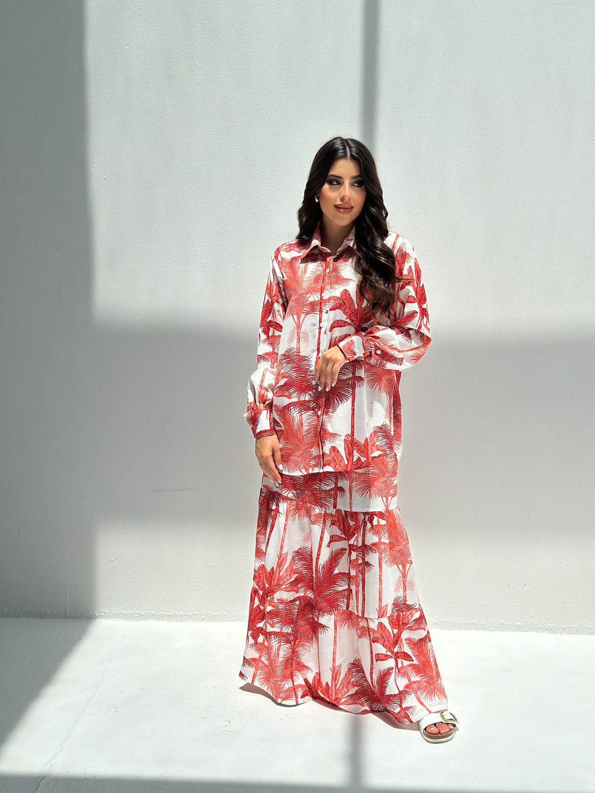 Nakheel — Red Palm Print Linen Skirt Set