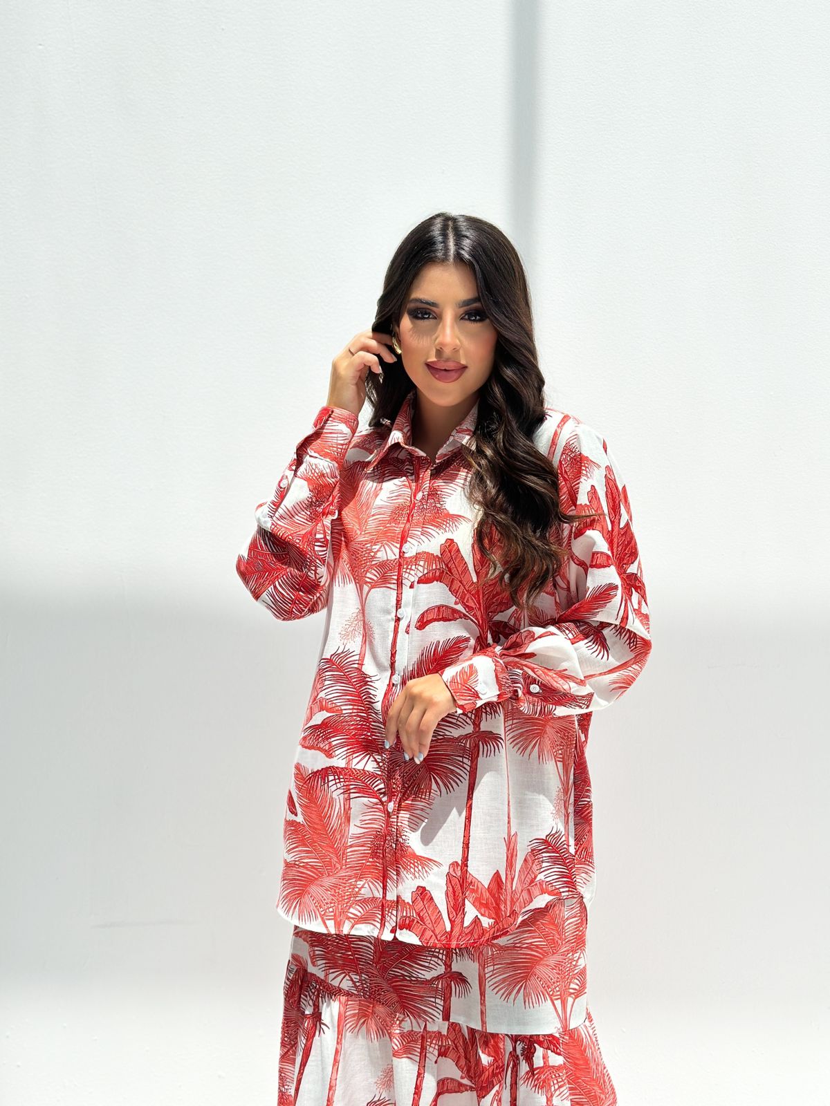 Nakheel — Red Palm Print Linen Skirt Set