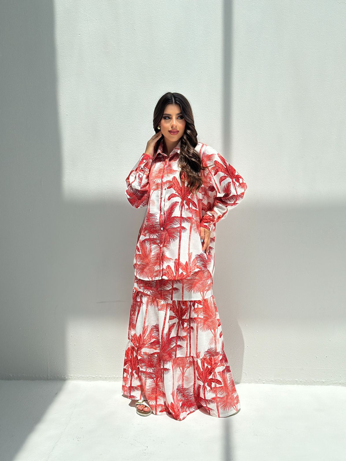 Nakheel — Red Palm Print Linen Skirt Set