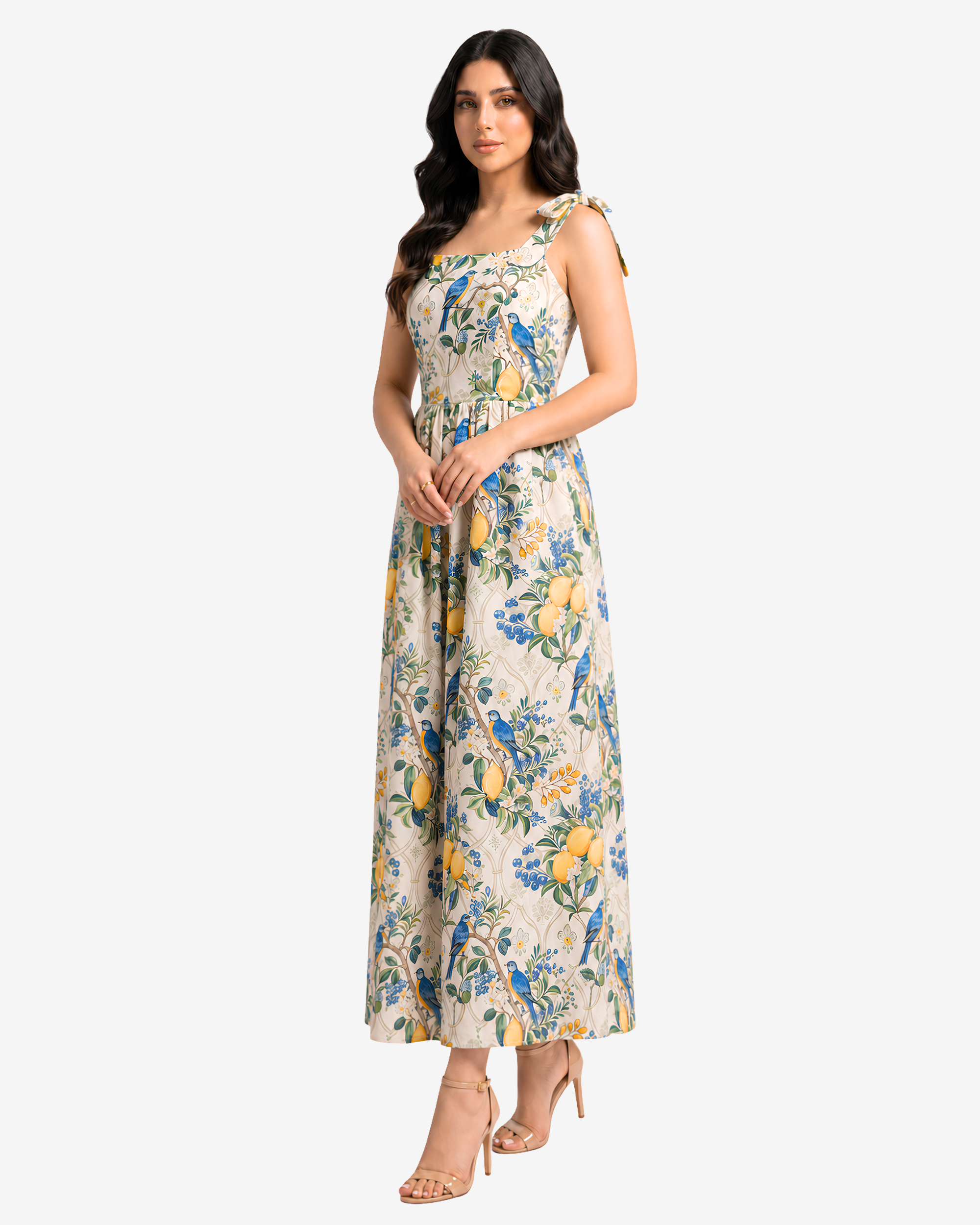 Front view of the Orchard Aviary Tie Shoulder Linen Blend Dress showcasing the elegant square neckline and nature-inspired botanical print.