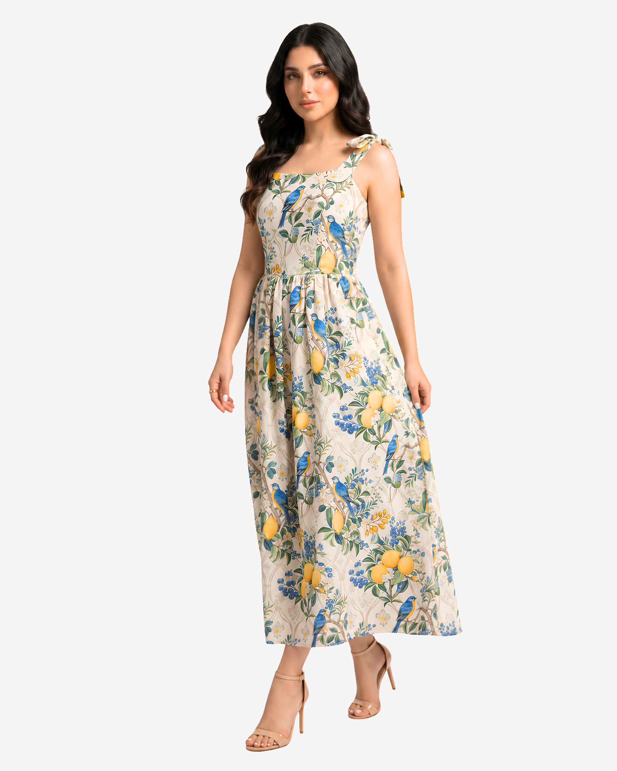 Women's Orchard Aviary Linen Blend Maxi Dress with adjustable tie shoulder straps, breathable fabric, and a graceful flowing silhouette.