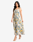 Women's Orchard Aviary Linen Blend Maxi Dress with adjustable tie shoulder straps, breathable fabric, and a graceful flowing silhouette.