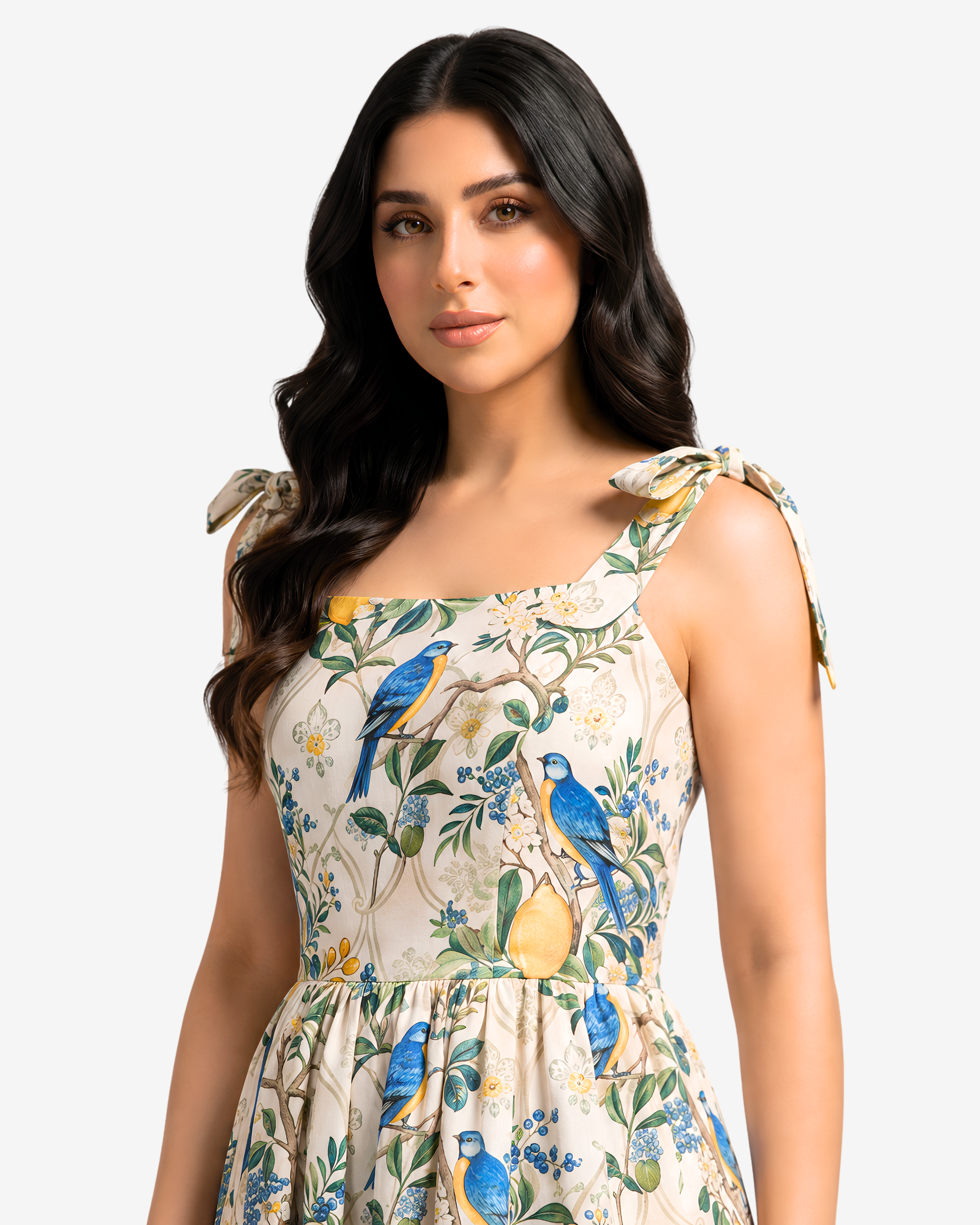 Close-up of the Orchard Aviary Tie Shoulder Linen Blend Dress highlighting the square neckline, adjustable tie shoulder straps, and elegant botanical print.