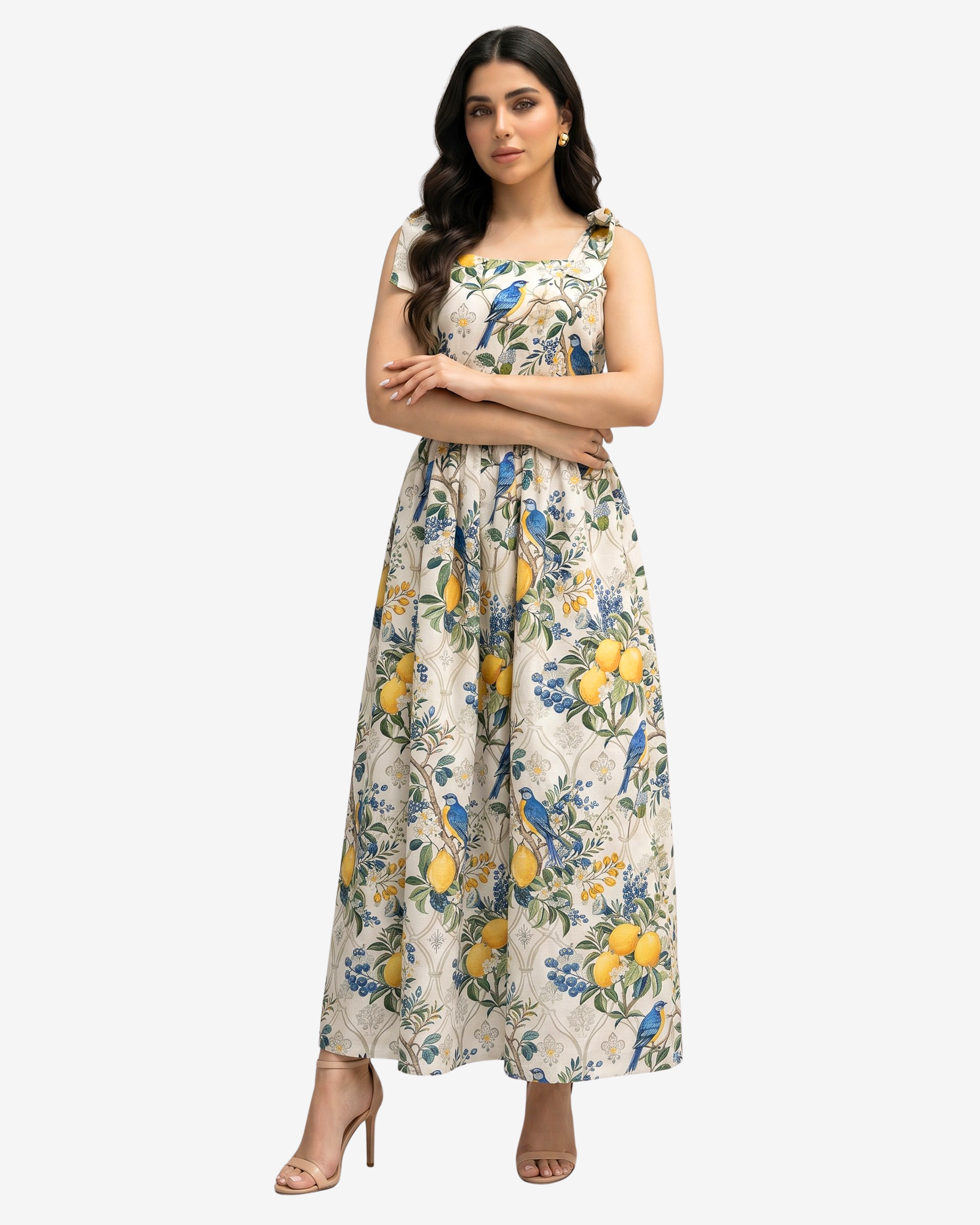 Elegant Orchard Aviary Tie Shoulder Linen Blend Dress with a lemon and blue bird print, gathered waist, and full-length modest silhouette.