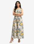 Elegant Orchard Aviary Tie Shoulder Linen Blend Dress with a lemon and blue bird print, gathered waist, and full-length modest silhouette.