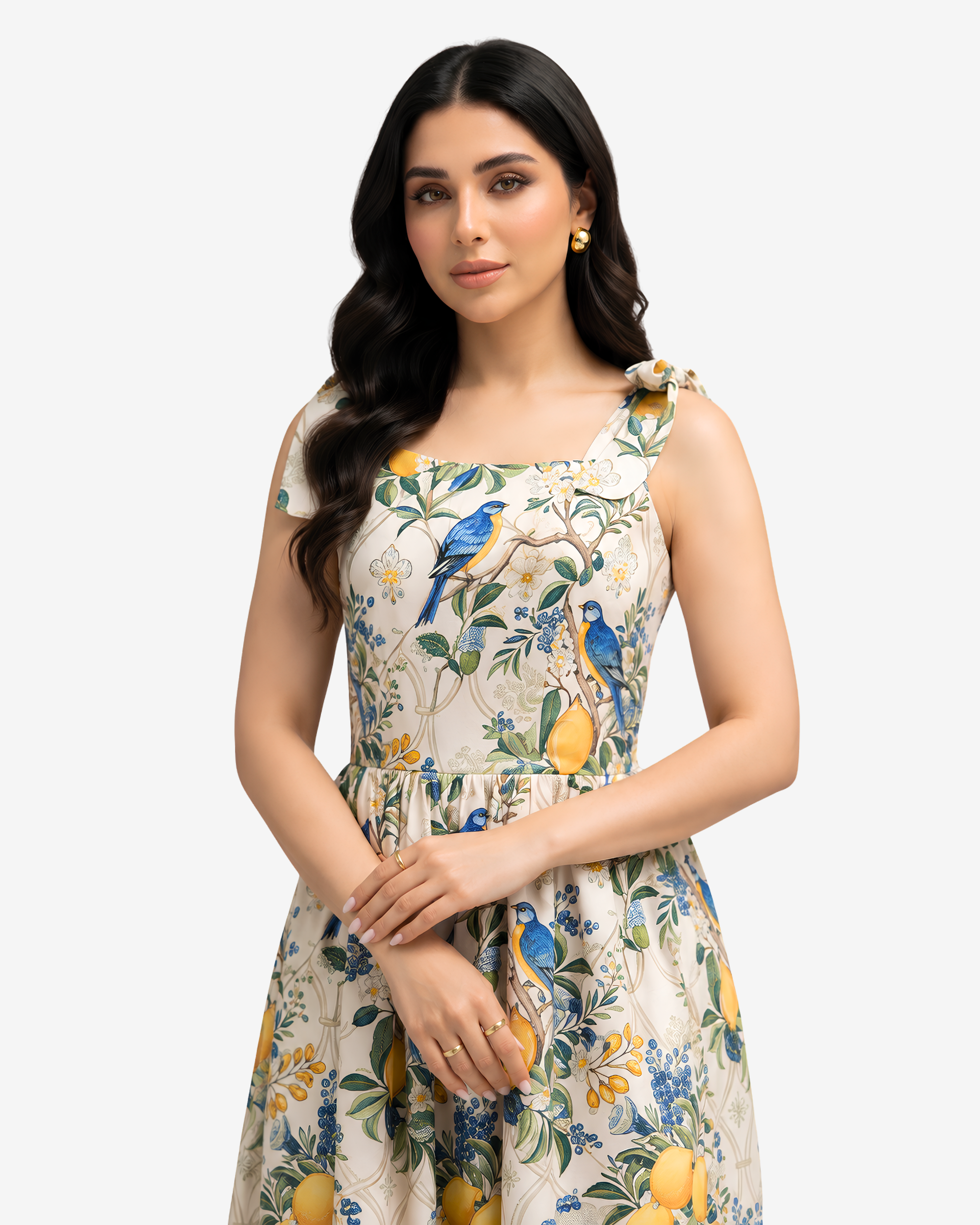 Close-up of the Orchard Aviary Tie Shoulder Linen Blend Dress featuring the gathered waist and premium botanical linen blend fabric.