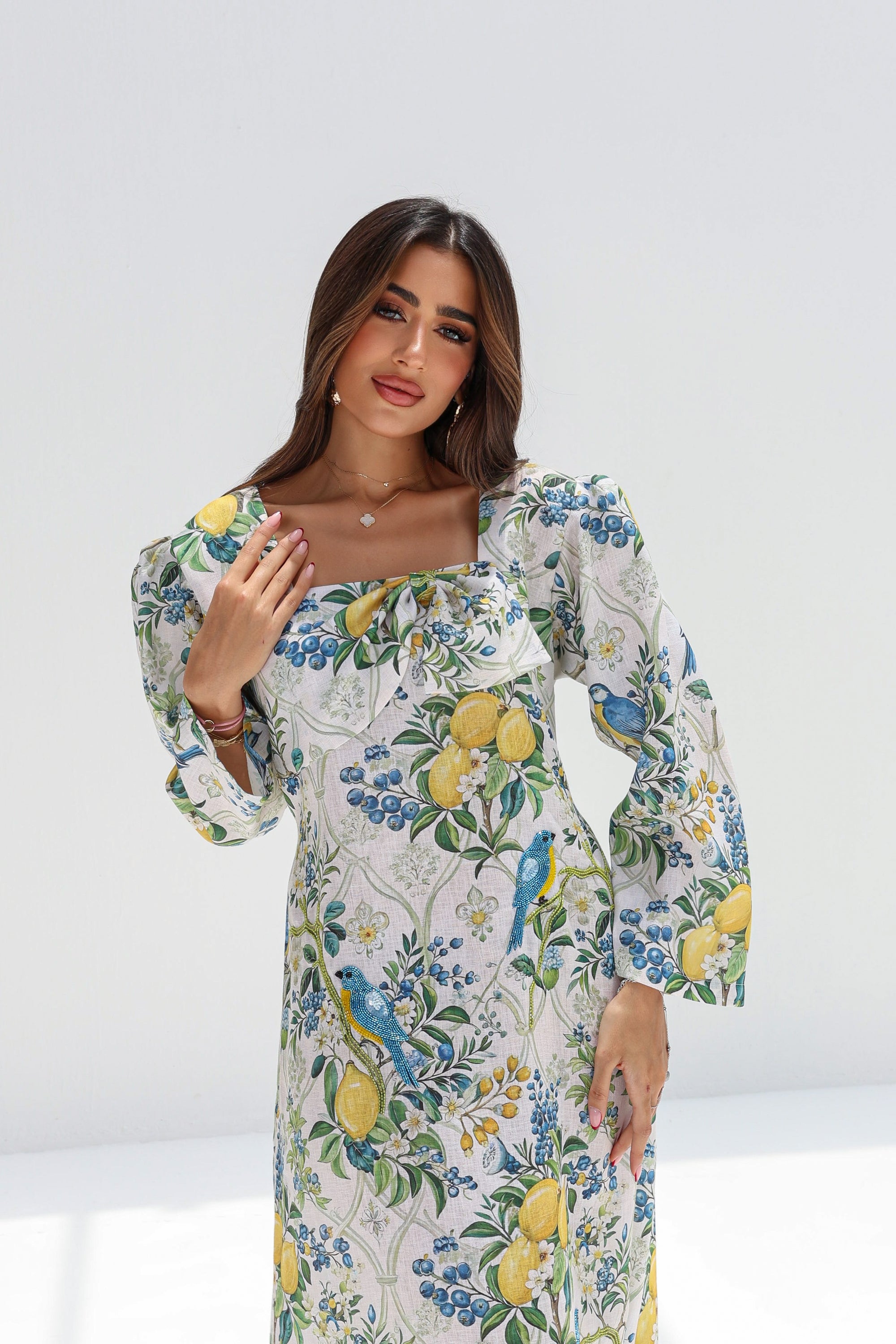Orchard Aviary Square Neck Linen Blend Dress with long sleeves, front view