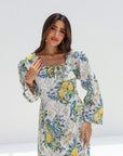 Orchard Aviary Square Neck Linen Blend Dress with long sleeves, front view