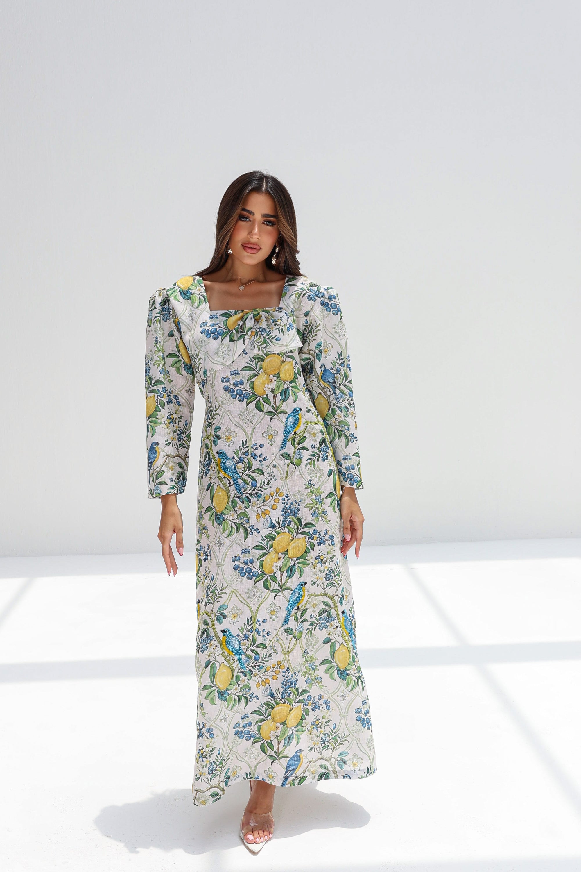 Full-length Orchard Aviary Linen Blend Dress with lemon, bird and foliage print