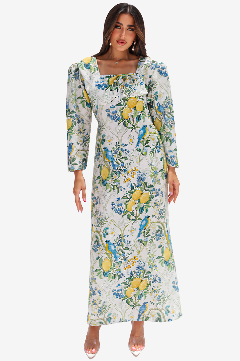 Orchard Aviary Square Neck Linen Blend Dress for women featuring botanical bird print and elegant square neckline