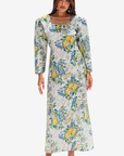 Orchard Aviary Square Neck Linen Blend Dress for women featuring botanical bird print and elegant square neckline