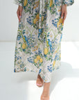 Botanical lemon and bird print detail on Citrus Garden Linen Blend Dress