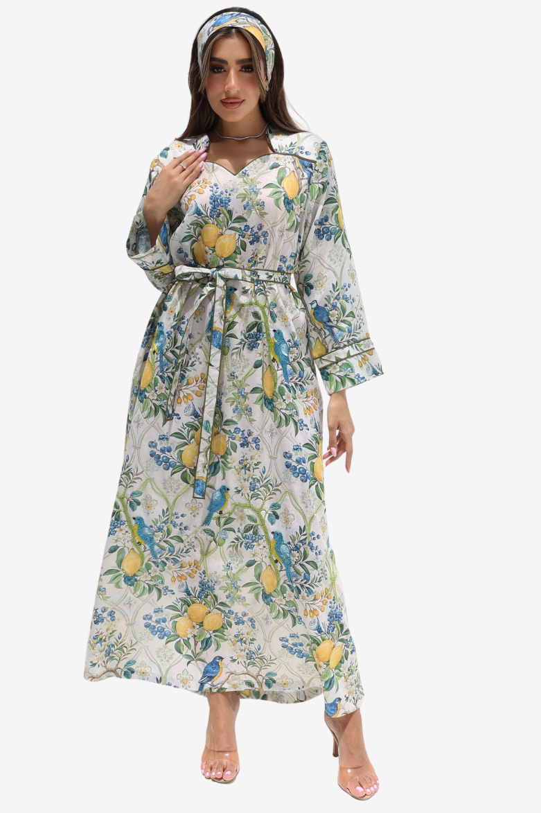 Orchard Aviary Sweetheart Linen Blend Dress for women featuring botanical bird print, sweetheart neckline and waist sash