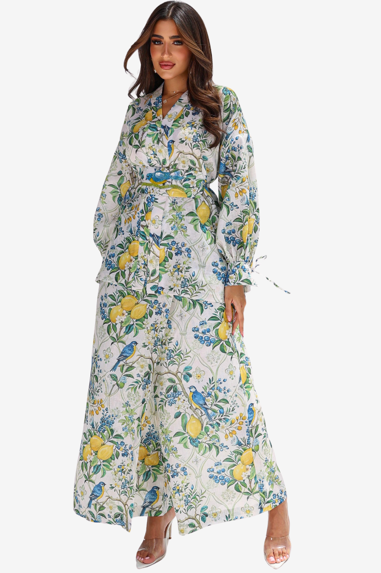 Orchard Aviary Tie-Waist Linen Blend Co-ord Set for women featuring botanical bird print and coordinated top with wide-leg trousers