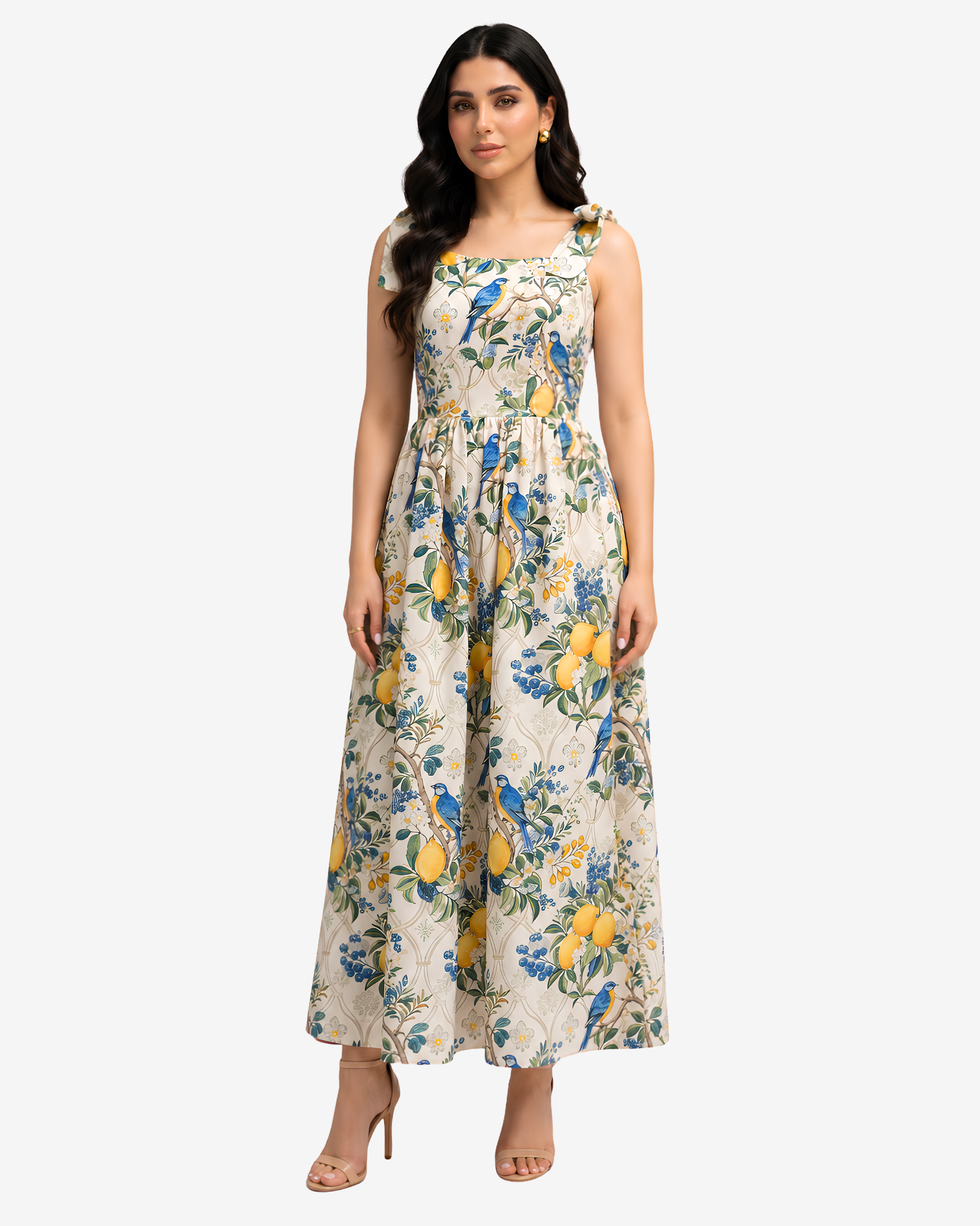 Orchard Aviary Tie Shoulder Linen Blend Dress by Gharza Couture featuring a botanical print with lemons, blue birds, and a flowing sleeveless maxi silhouette.