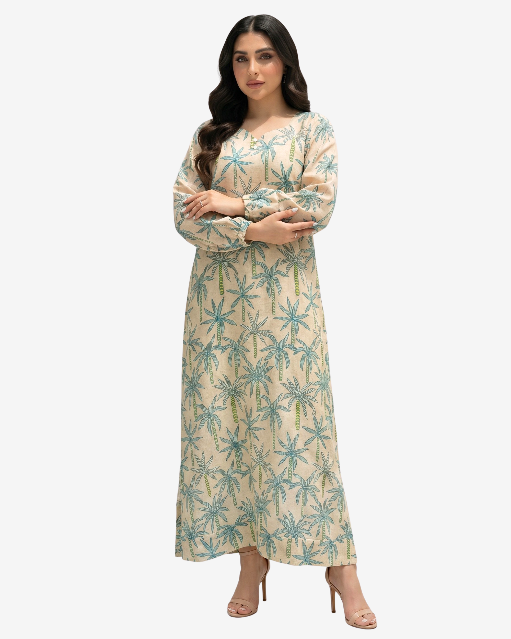 Front view of the Palm Canopy Hand Embellished Linen Blend Jalabiya showcasing the tropical palm print, premium linen blend fabric, and relaxed modest fit.