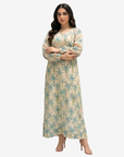 Front view of the Palm Canopy Hand Embellished Linen Blend Jalabiya showcasing the tropical palm print, premium linen blend fabric, and relaxed modest fit.