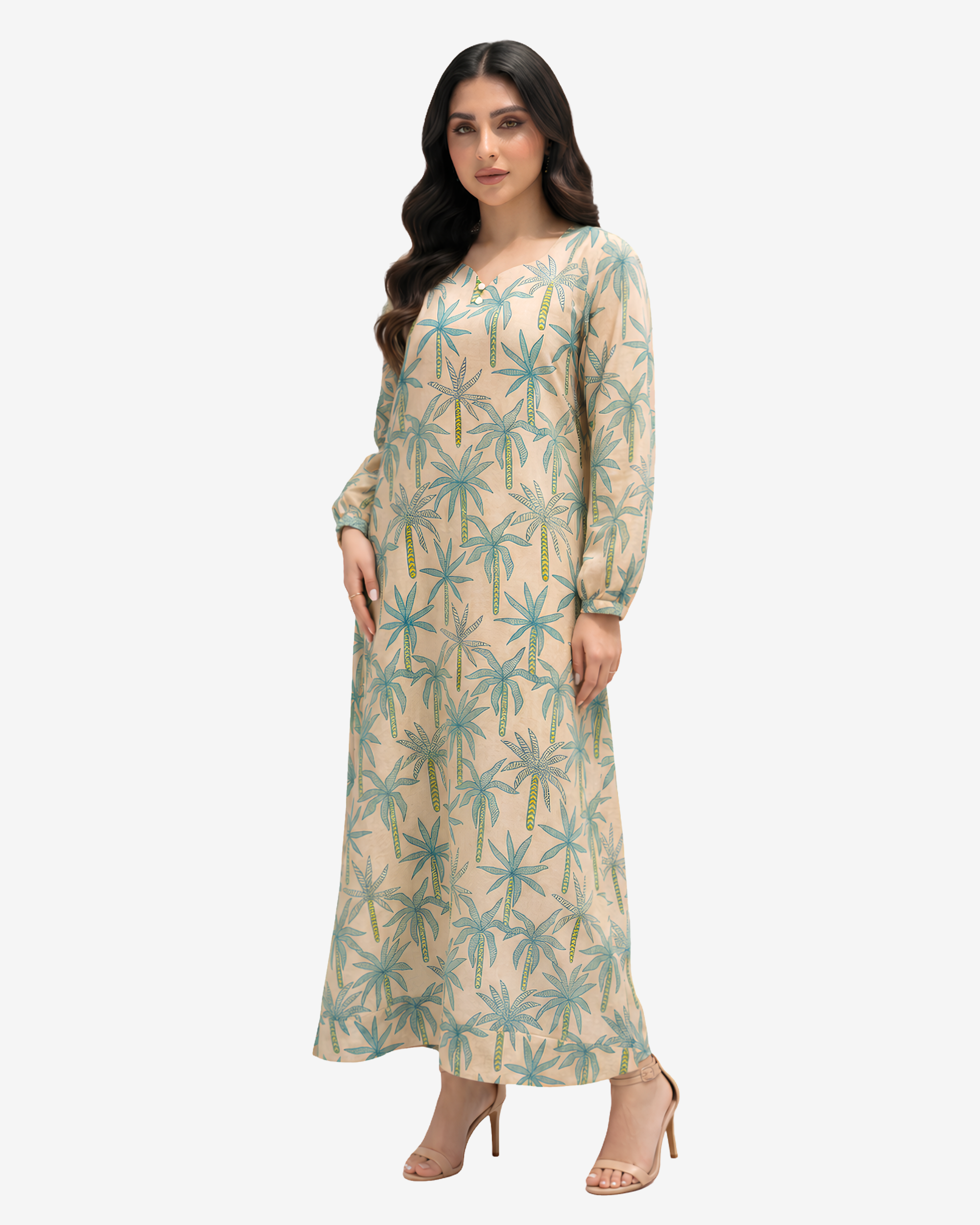 Three-quarter view of the Palm Canopy Hand Embellished Linen Blend Jalabiya highlighting the elegant palm print, handcrafted embellishment, and flowing silhouette.