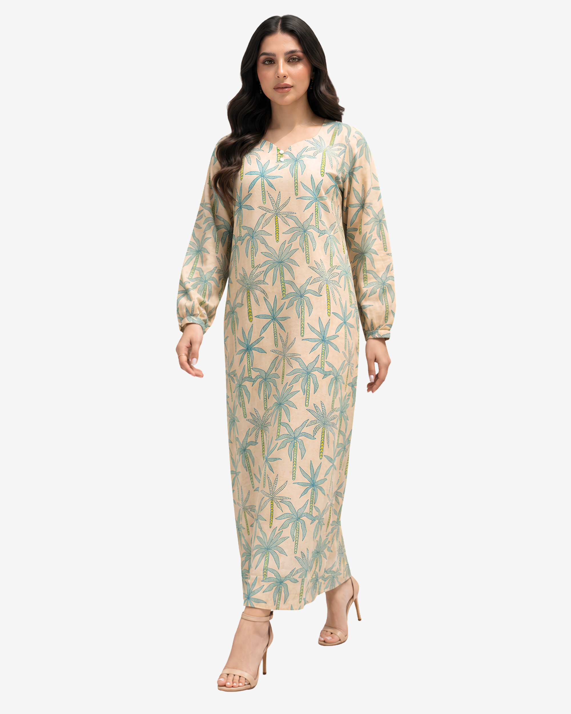 Full-length Palm Canopy Hand Embellished Linen Blend Jalabiya with soft botanical palm print, luxury handcrafted neckline, and timeless modest elegance by Gharza Couture.