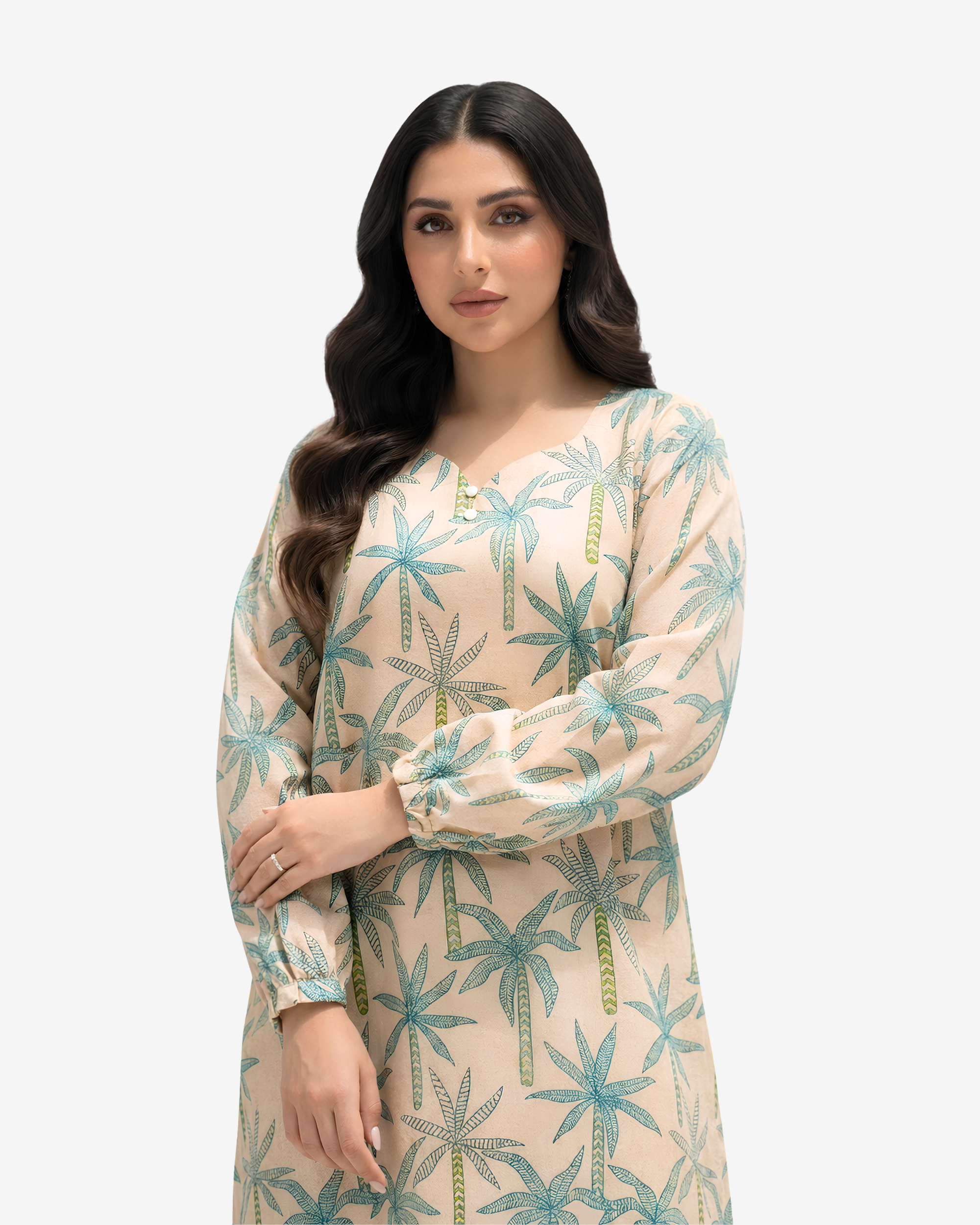 Close-up of the handcrafted embellished neckline on the Palm Canopy Linen Blend Jalabiya featuring premium detailing and an elegant tropical palm print by Gharza Couture.