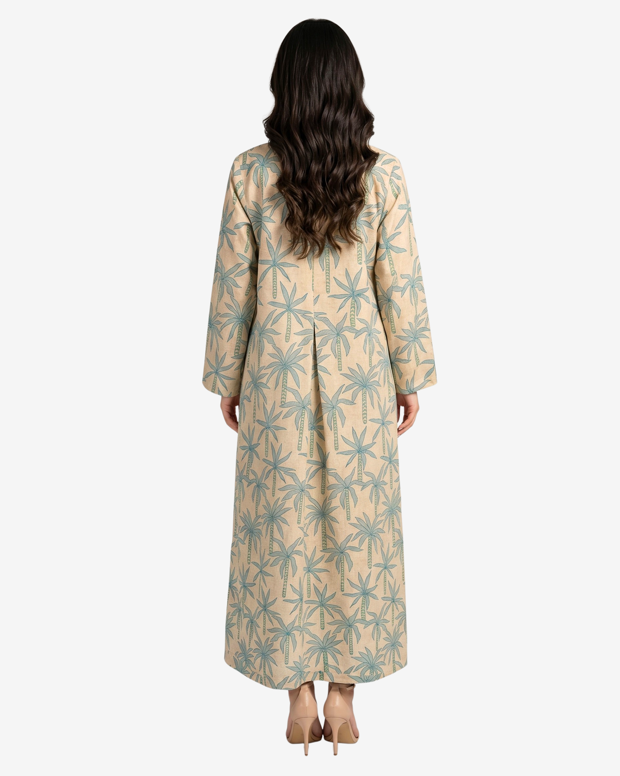 Back view of Palm Canopy linen blend jalabiya with tropical palm print by Gharza Couture