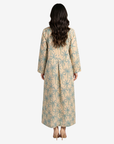Back view of Palm Canopy linen blend jalabiya with tropical palm print by Gharza Couture