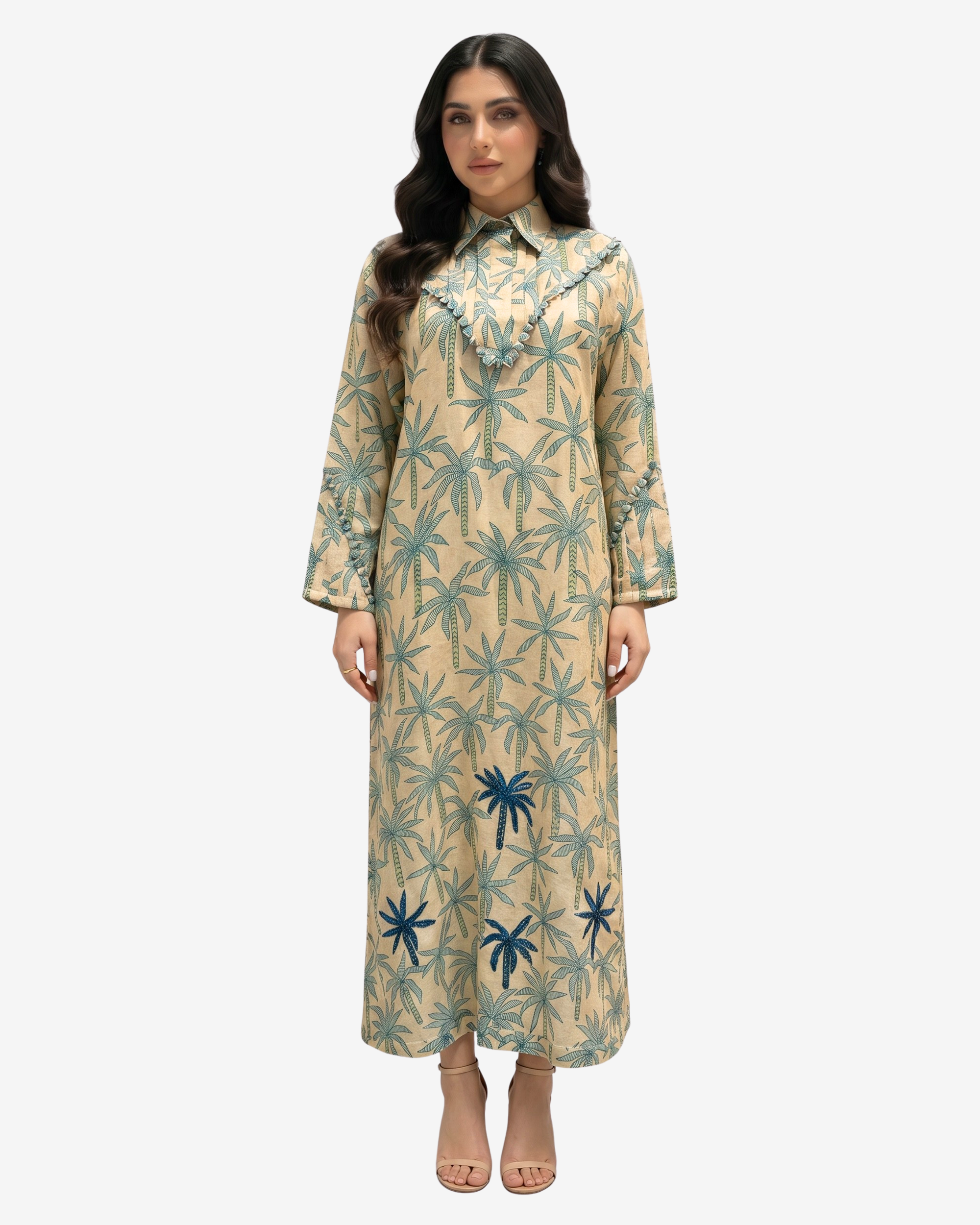 Palm Canopy Ruffle Hand Embellished Linen Blend Jalabiya front view by Gharza Couture