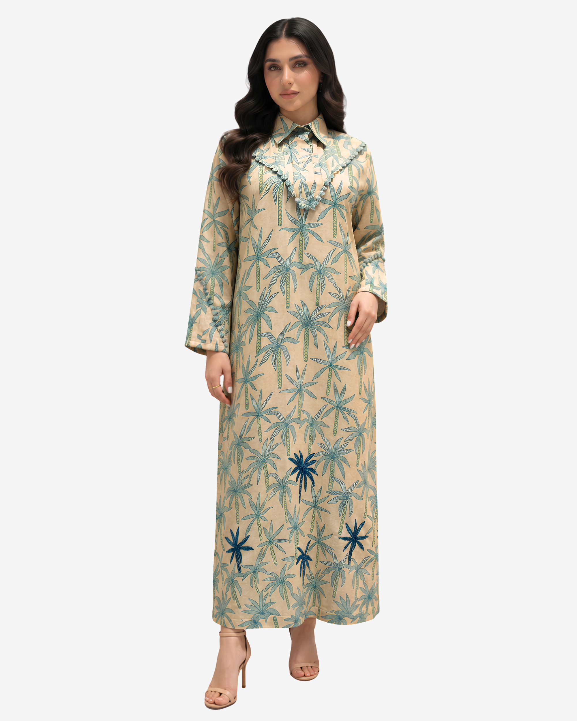 Full-length Palm Canopy hand embellished linen blend jalabiya with tropical palm print