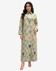 Full-length Palm Canopy hand embellished linen blend jalabiya with tropical palm print
