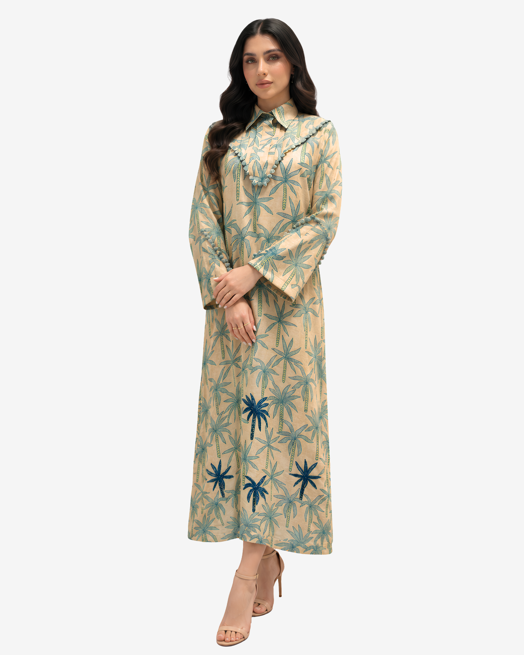 Side angle of Palm Canopy ruffle hand embellished linen blend jalabiya for women