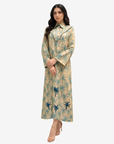 Side angle of Palm Canopy ruffle hand embellished linen blend jalabiya for women