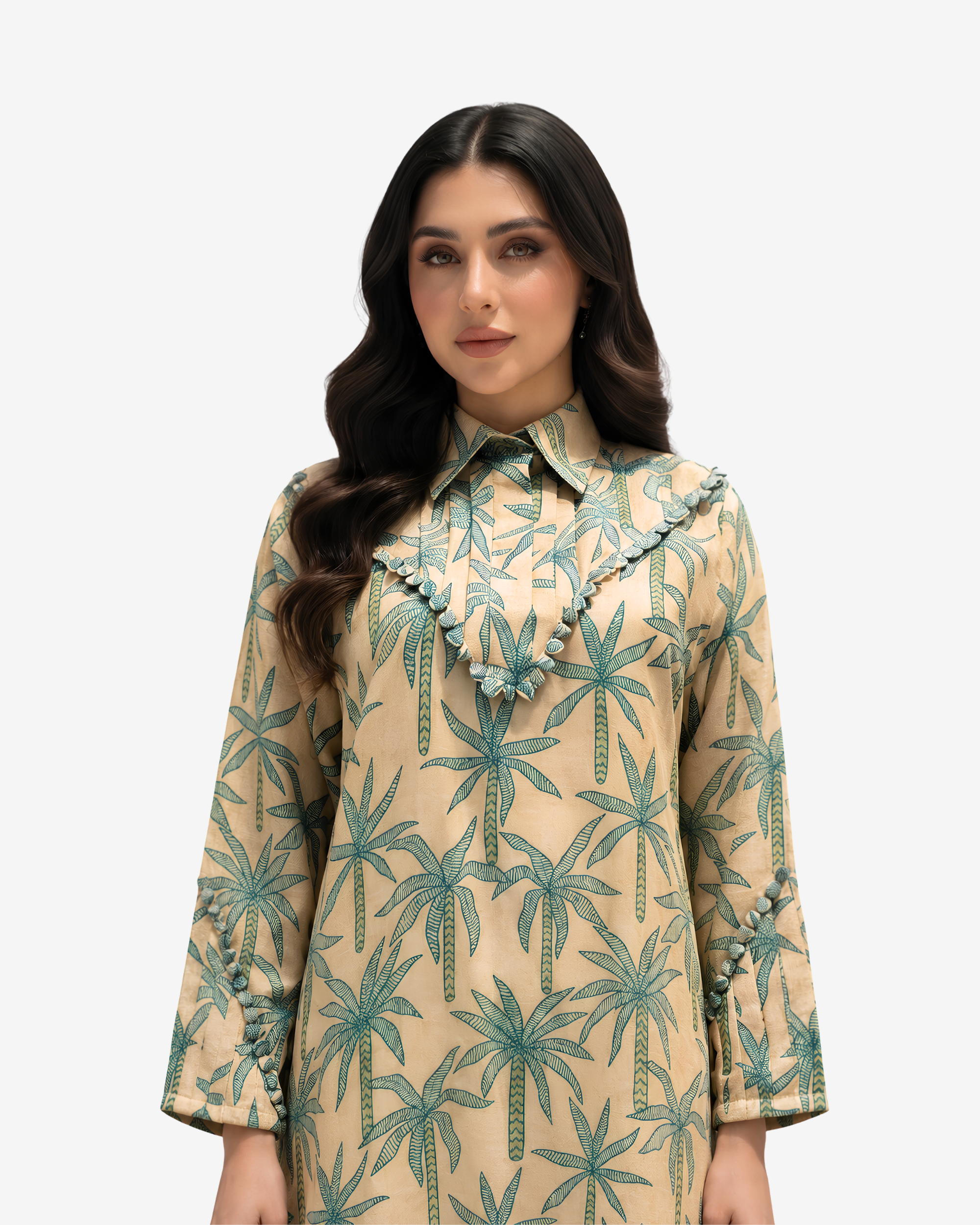 Close-up of the hand embellished ruffle neckline on the Palm Canopy linen blend jalabiya
