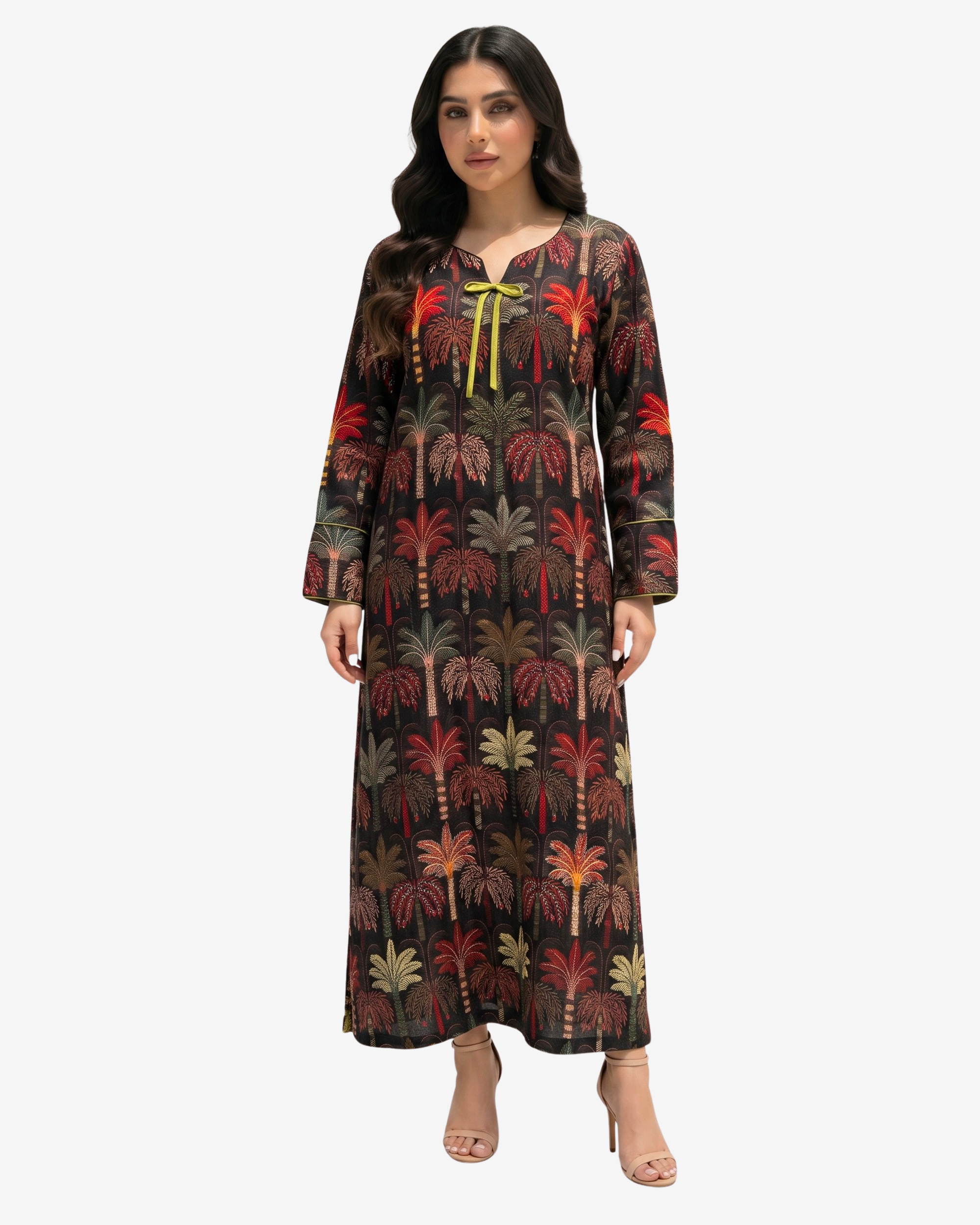 Palm Sanctuary Ribbon Hand Embellished Linen Blend Jalabiya with elegant palm print by Gharza Couture