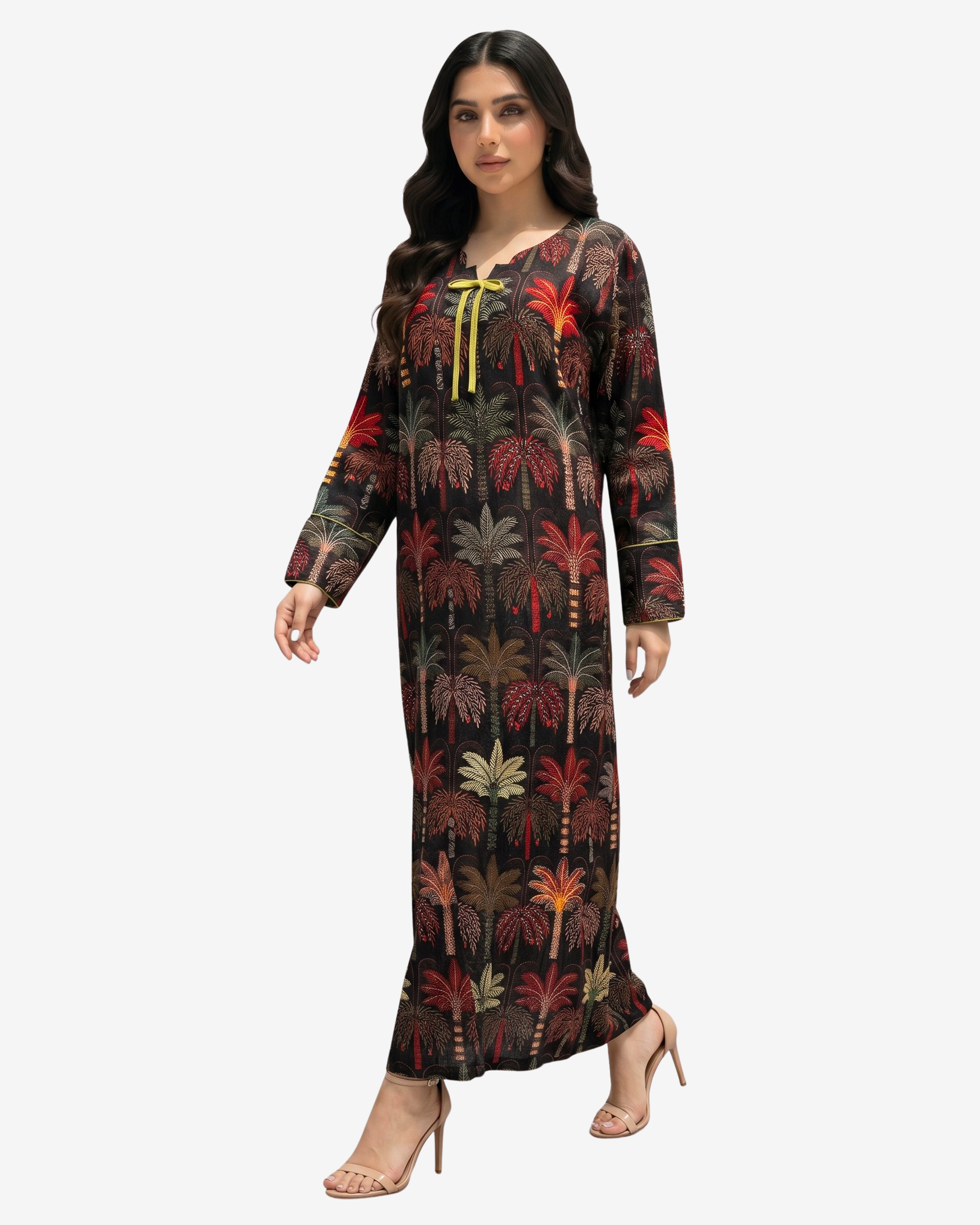 Full-length Palm Sanctuary ribbon neckline linen blend jalabiya with handcrafted embellishment and palm print