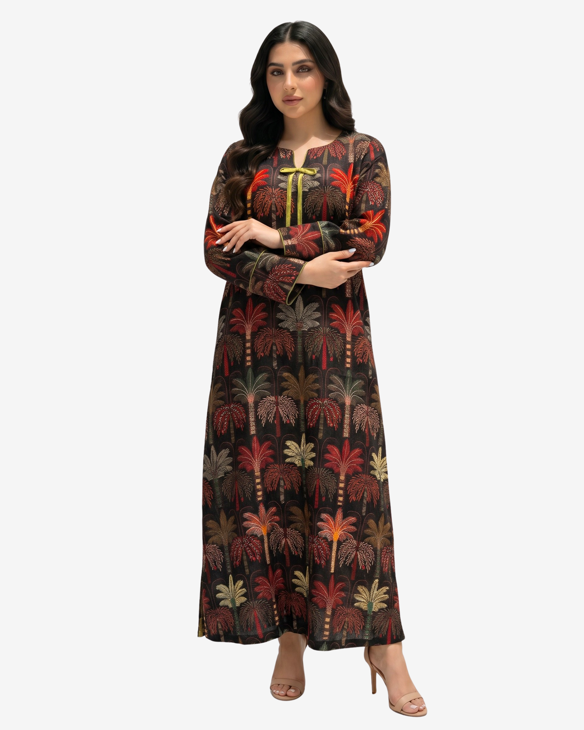 Front view of Palm Sanctuary luxury linen blend jalabiya featuring ribbon neck and hand embellishment